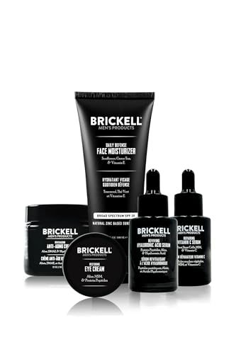 Brickell Men's Complete Defense Anti Aging Routine, Night Face Cream, Day & Night Serum, Facial Moisturizer w/SPF & Eye Cream, With Hyaluronic Acid, Peptides, and Vitamin C, Unscented