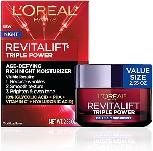 L'Oreal Paris Revitalift Triple Power Rich Night Cream, Anti Aging Moisturizer With Glycol
